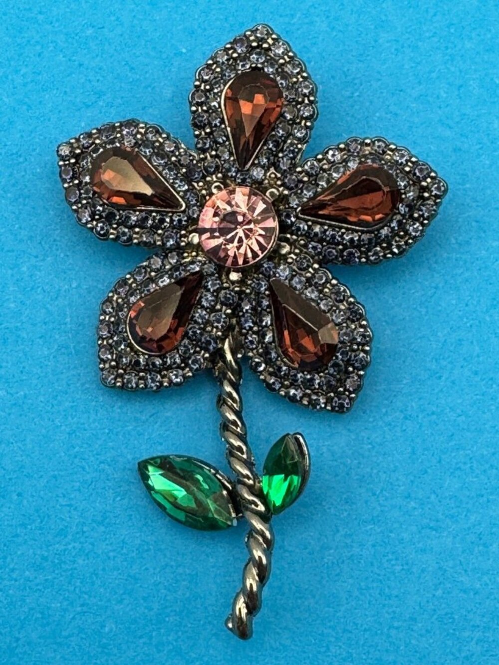 Rhinestone Flower Brooch Pin Dark Red Pink Green Blue Stones Silver Tone Costume
